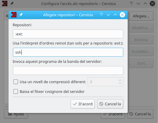 Una captura de pantalla del diàleg Configura l'accés als repositoris amb el Cervisia