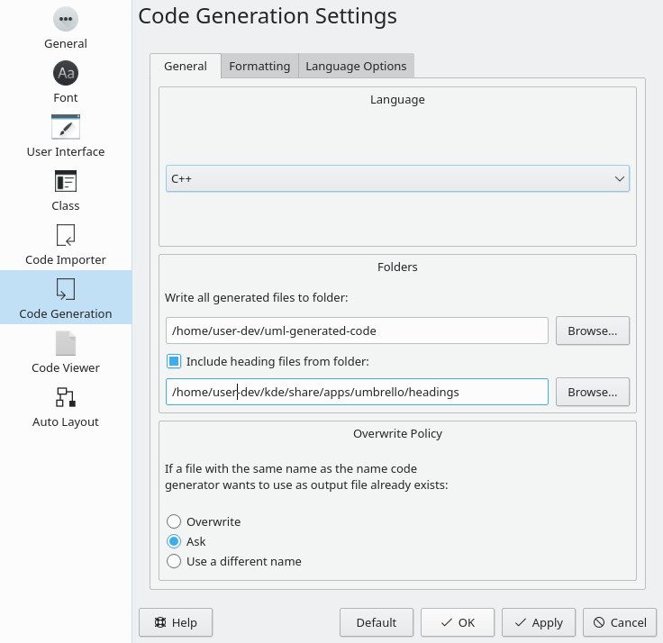 Opcions de la Configuració de la generació de codi - General a l'Umbrello UML Modeller