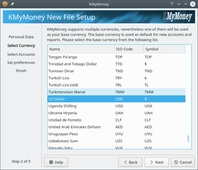 Base currency selection page
