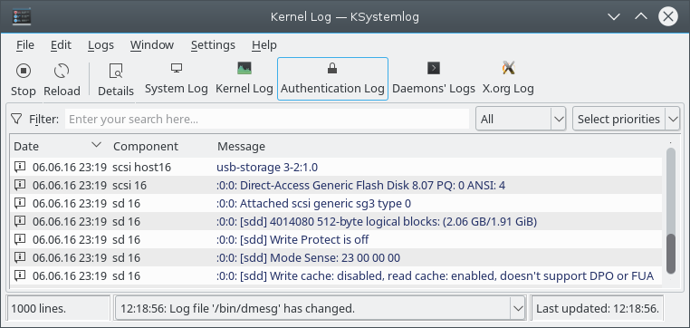 KSystemLog main screen
