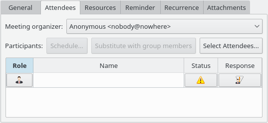 A screenshot of KOrganizer's Edit Event dialog - Attendees tab