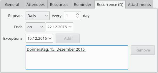 A screenshot of KOrganizer's Edit Event dialog - Recurrence tab