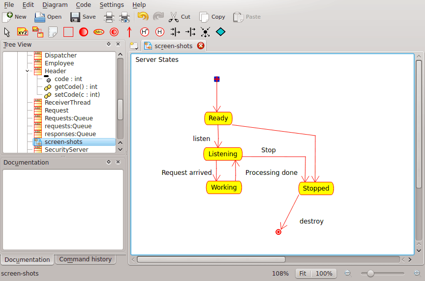 Umbrello UML Modeller che mostra un diagramma di stato