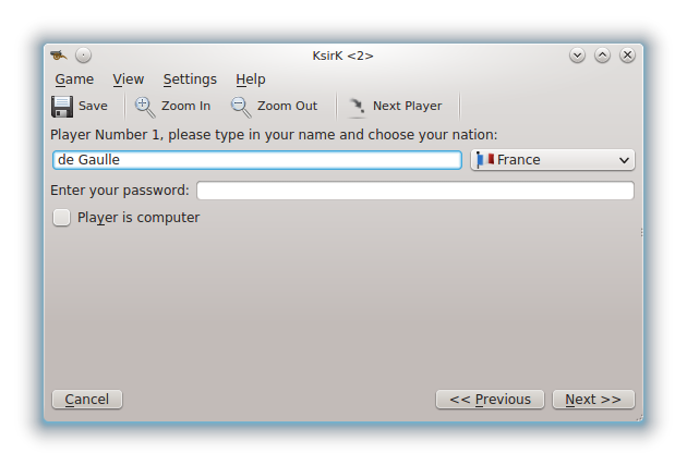 The Player Setup dialog