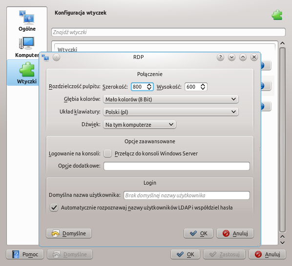 Ustawienia Remote Desktop Connection - karta profilu ustawienia domyślne RDP