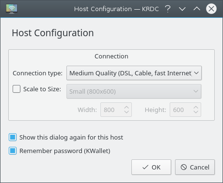 Seleção da velocidade de conexão do Remote Desktop Connection