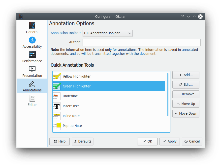 The Annotations page of the configuration dialog