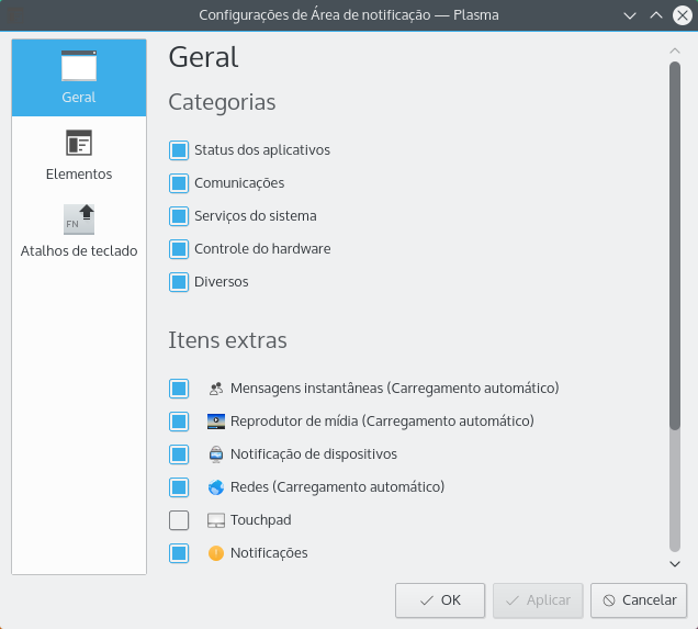 Janela da Área de notificação