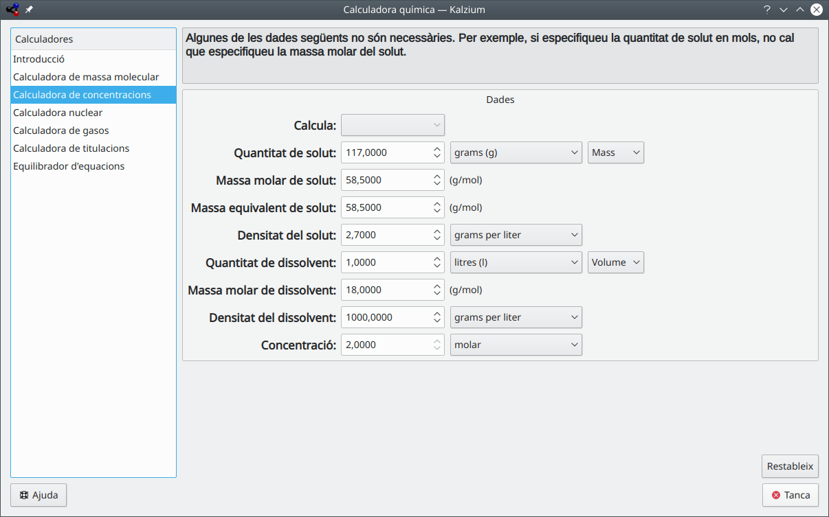 El diàleg «Calculadora de concentracions»