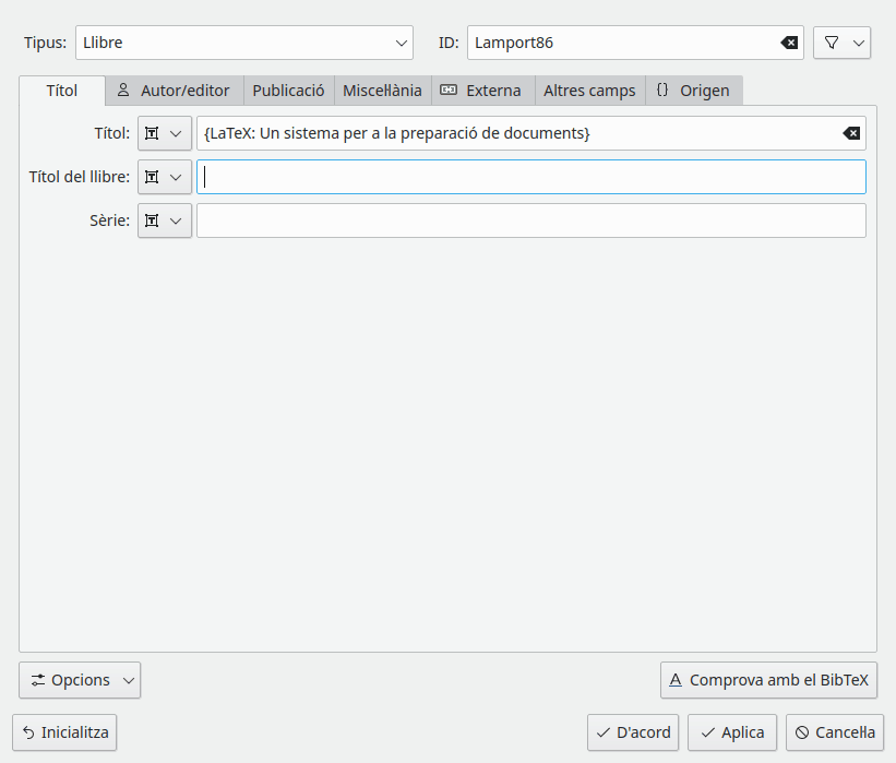 La finestra del KBibTeX d'edició d'elements