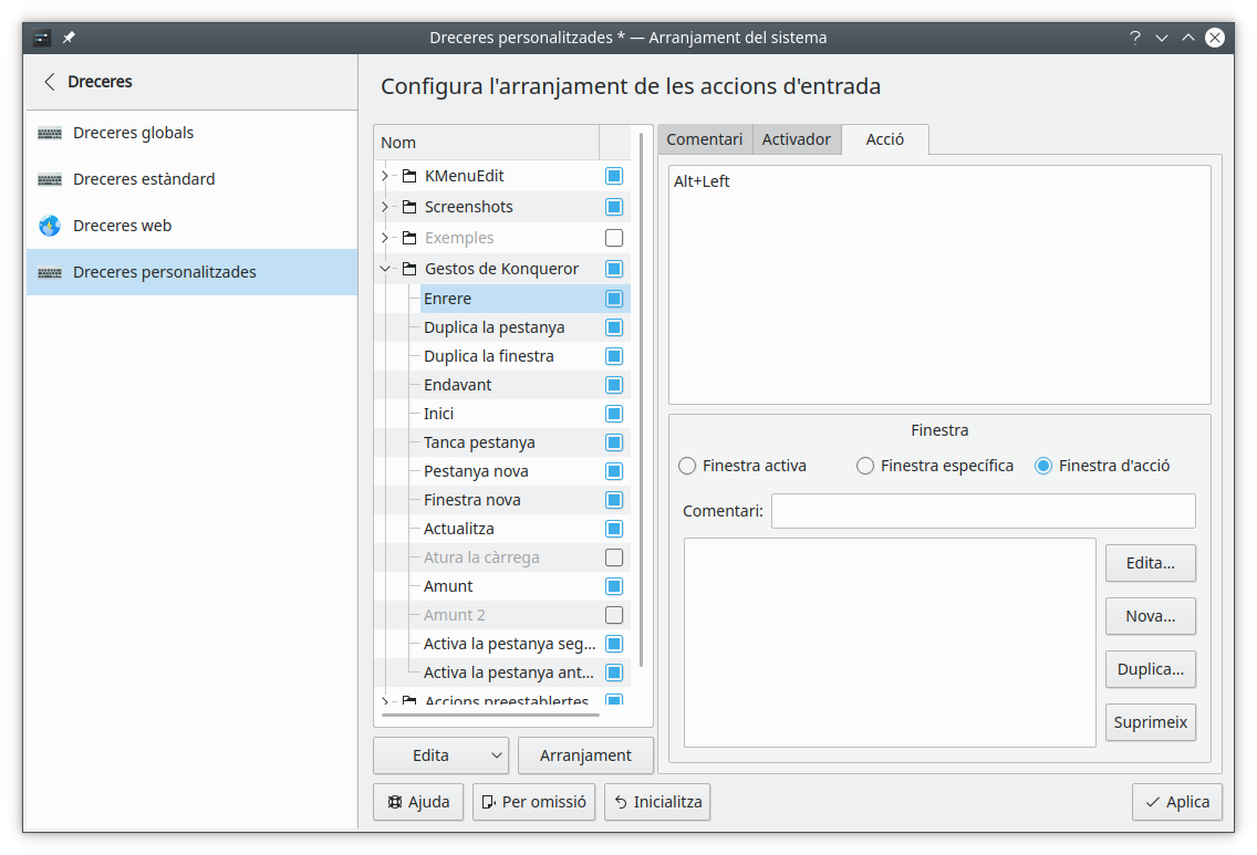 La pestanya Acció per a una entrada de teclat.