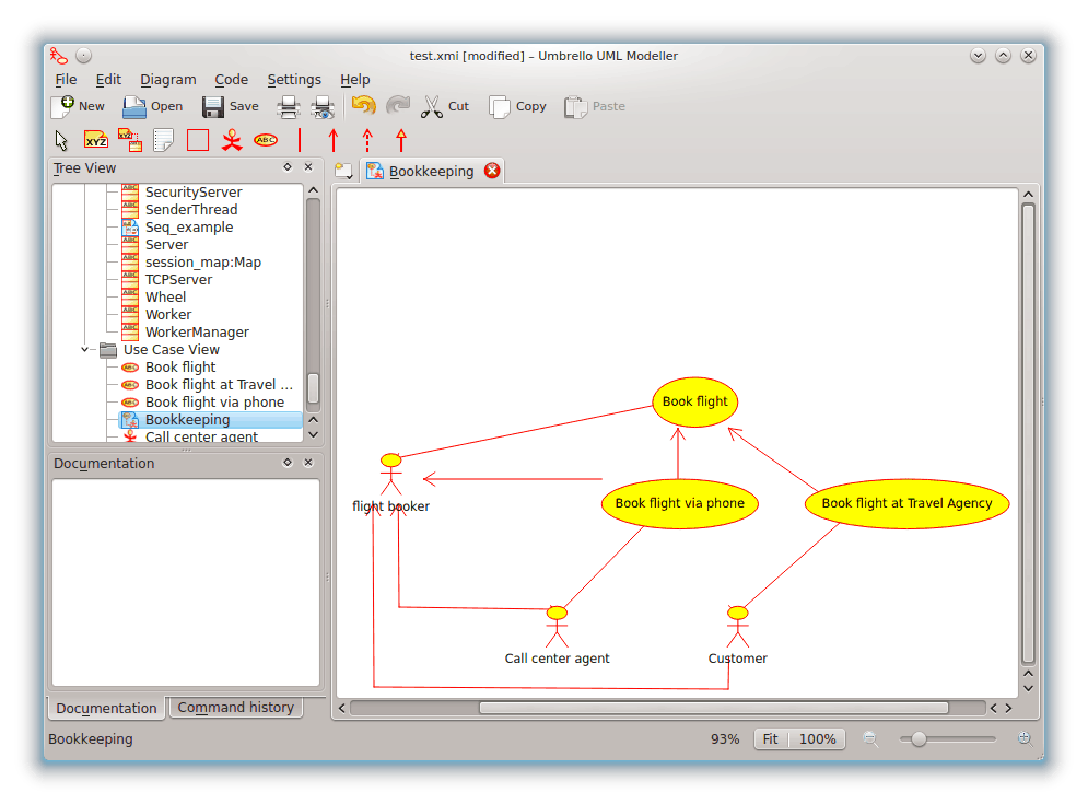 Umbrello UML Modeller som viser et brugstilfældediagram