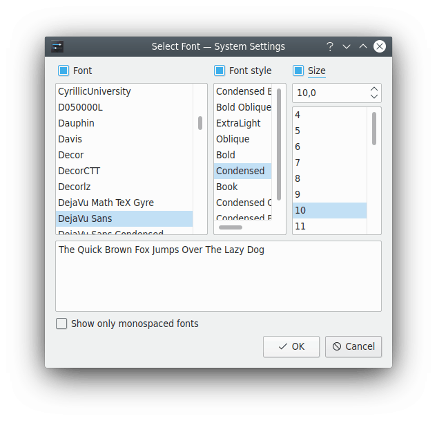 Der Dialog Anpassung aller Schriftarten