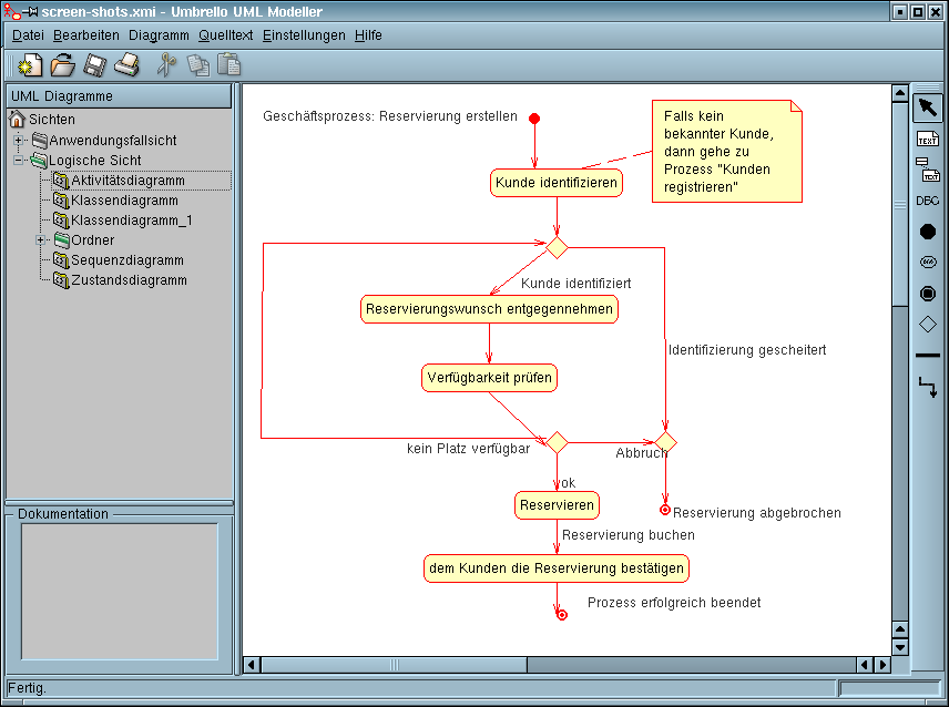 Umbrello UML Modeller bei der Darstellung eines Aktivitätsdiagramms