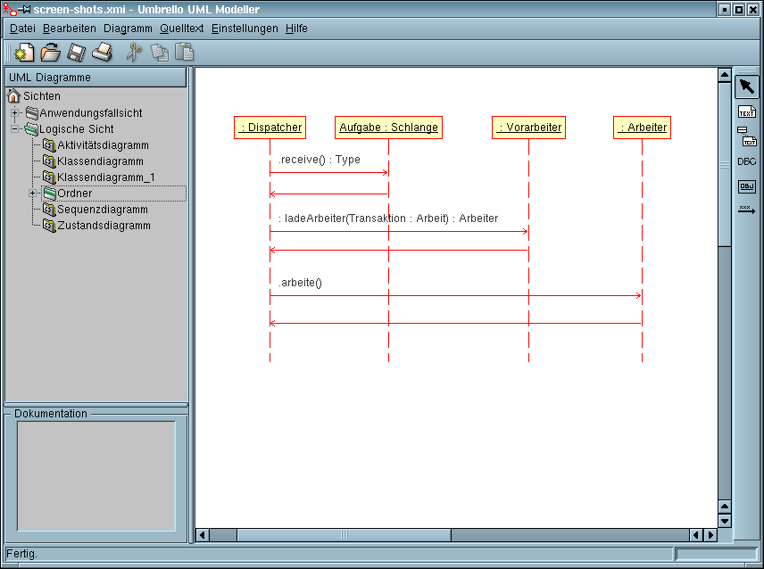 Umbrello UML Modeller bei der Darstellung eines Sequenzdiagramms