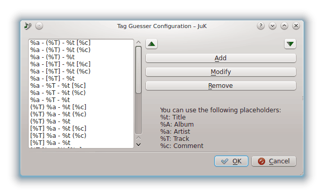 Screenshot of the Tag Guesser Configuration dialog.