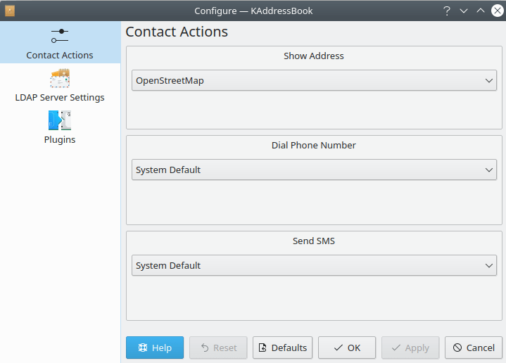 A screenshot of KAddressBook's “Configure KAddressBook” dialog.