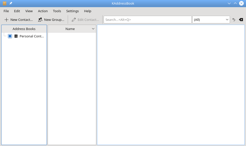 A screenshot of KAddressBook's main window with an empty “Personal Contacts” address book.