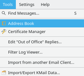 A screenshot of KMail's Tools → Address Book option.