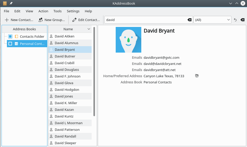 A screenshot of KAddressBook's “Search” function.