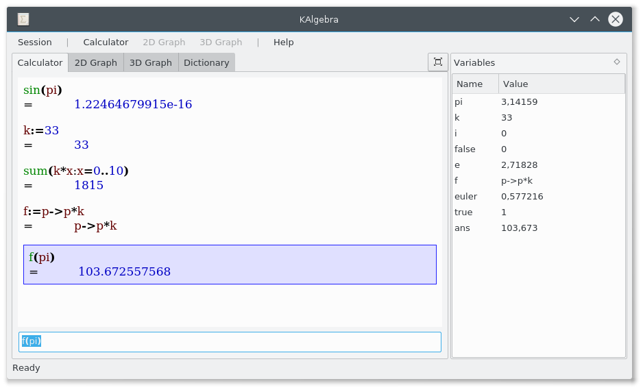 KAlgebra calculator window