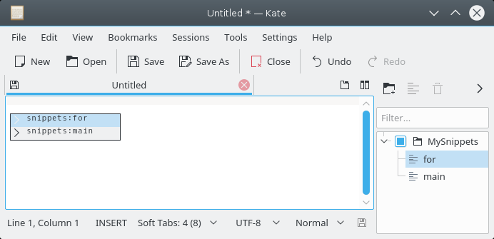 Accessing Kate Snippets from a tool view and a drop down menu.
