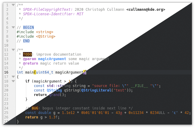 “Breeze Light” and “Breeze Dark” color themes with the “C++” syntax highlighting.