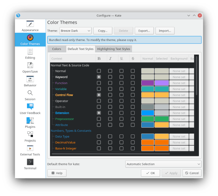 The GUI to manage color themes in Kate's settings.
