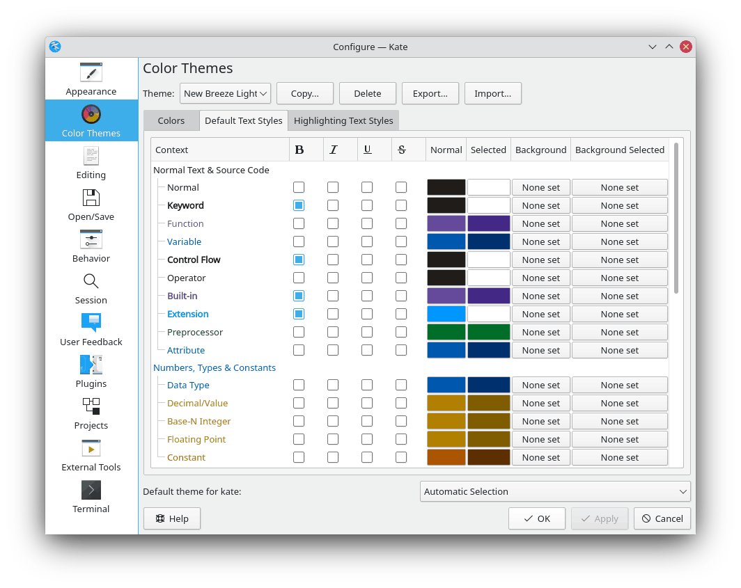 Kate's settings dialog box with the color theme management.