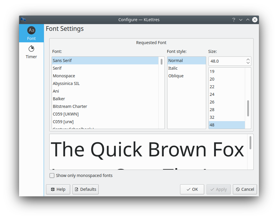 KLettres Font Chooser Dialog
