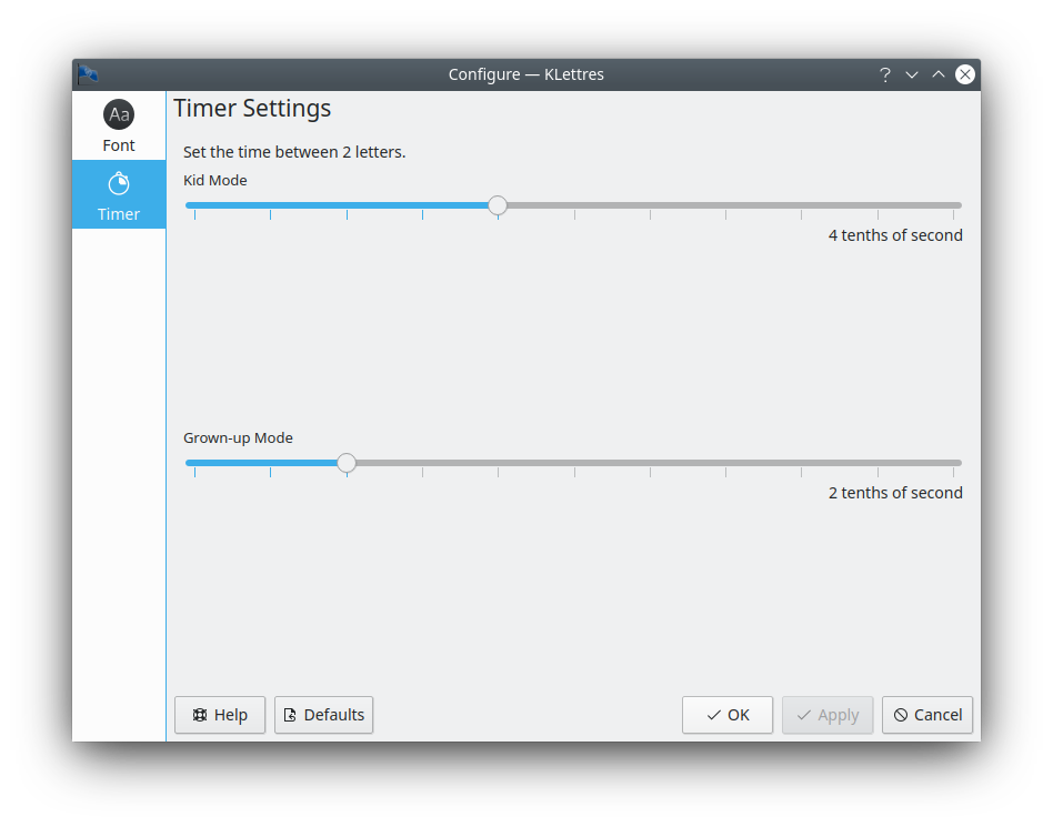 Screenshot of KLettres Timer Settings
