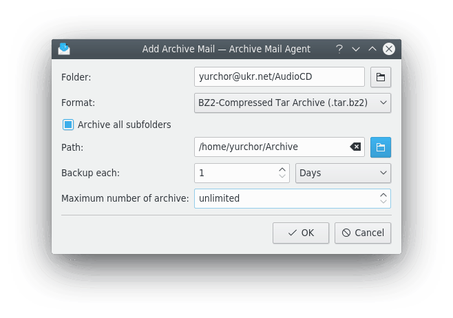 Add Archive Mail dialog