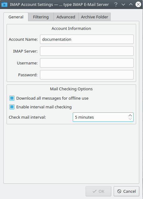 The receiving configuration dialog