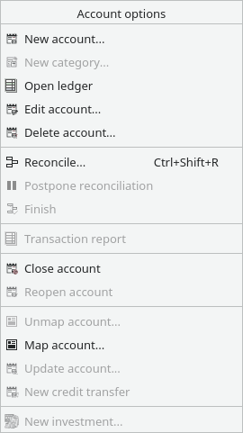 account options sub-menu