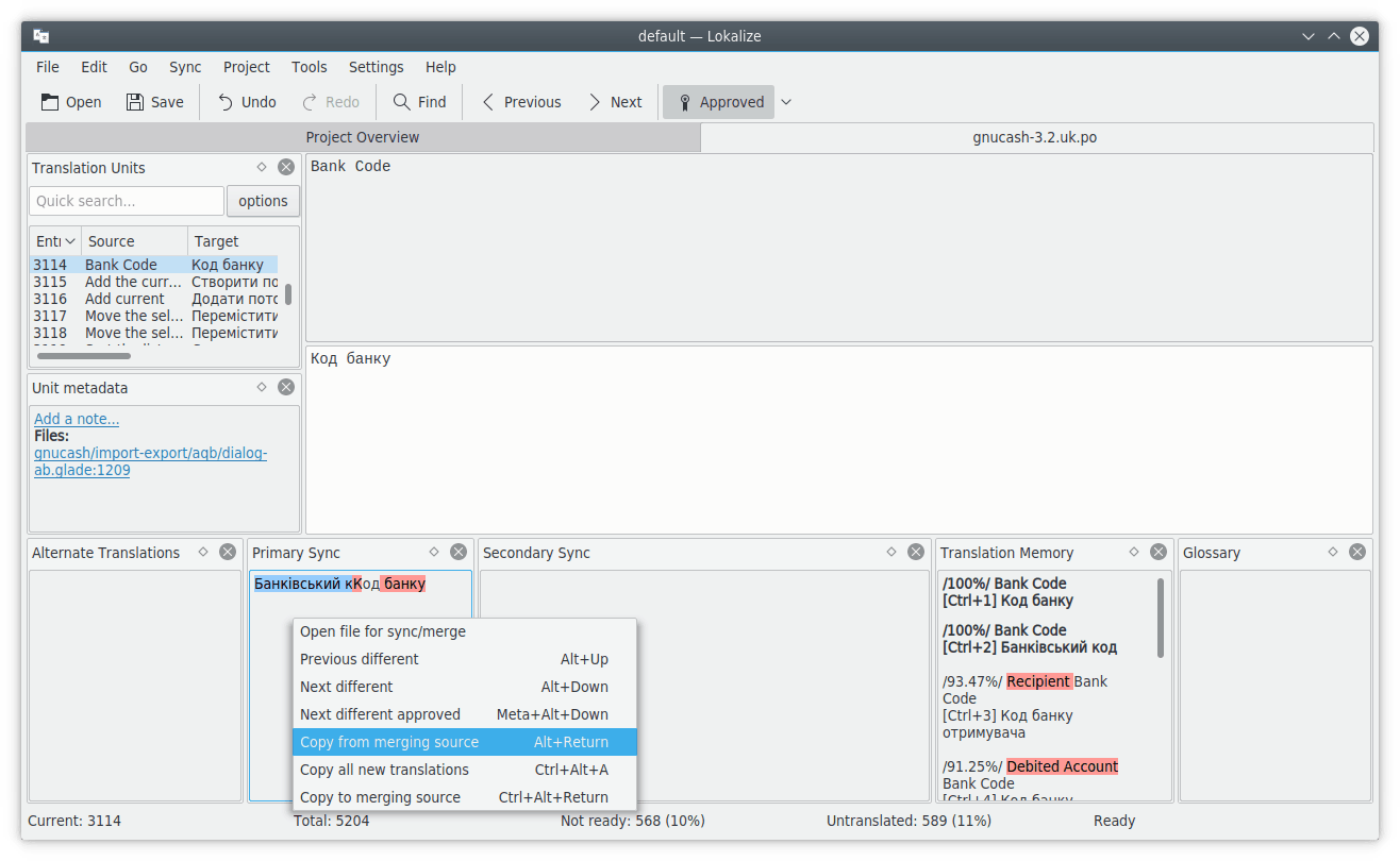 Lokalize used for merging changes in translation