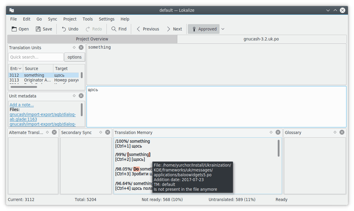 Lokalize with translation memory search results for the current unit