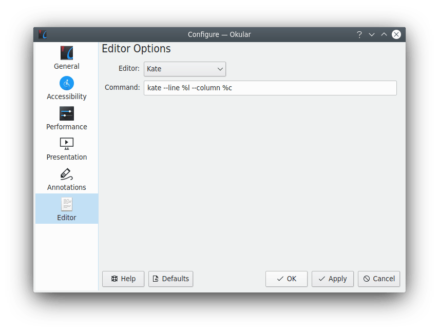 Configuring editor in Okular