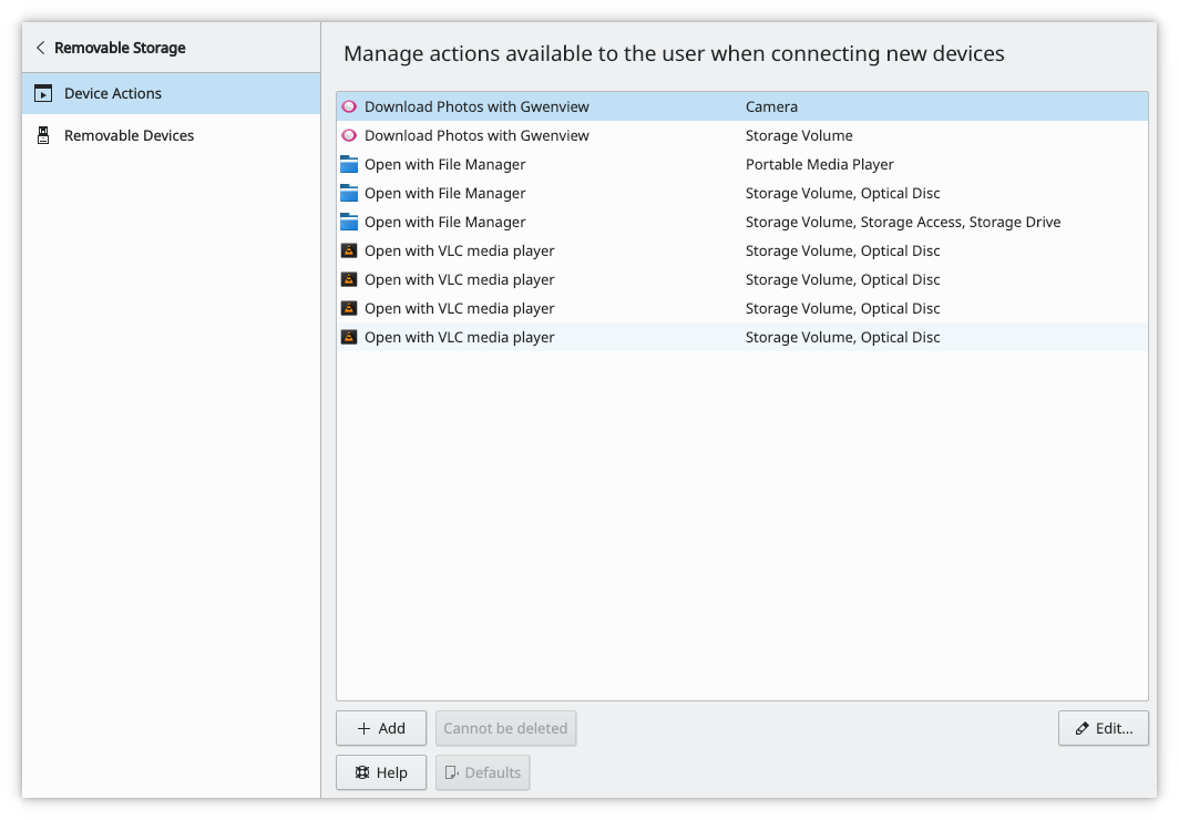 Screenshot of the Device Actions Manager