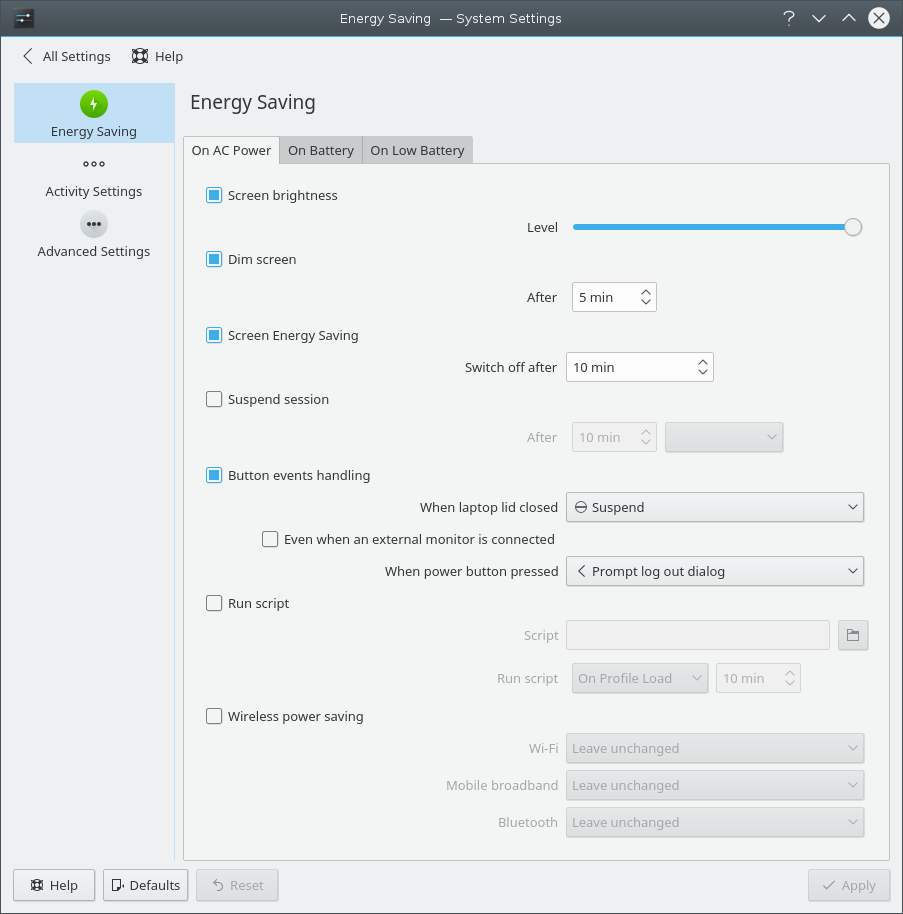 Energy Saving Settings