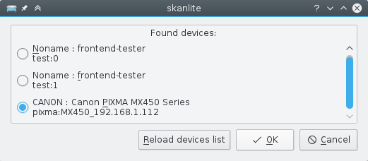 Skanlite scanner selection dialog