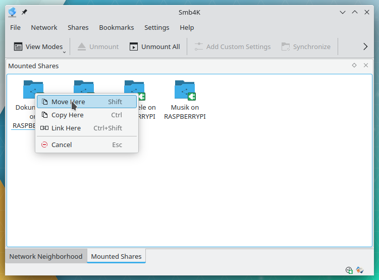 A popup menu opened after the user dropped a file onto a share