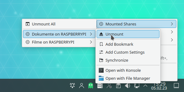System tray widget's Mounted Shares menu