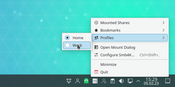 System tray widget's Profiles menu