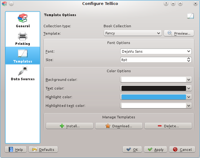 The Template Options Dialog