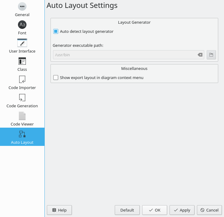 Options for the Auto Layout Settings in Umbrello UML Modeller
