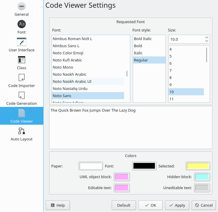 Options for the Code Viewer Settings in Umbrello UML Modeller