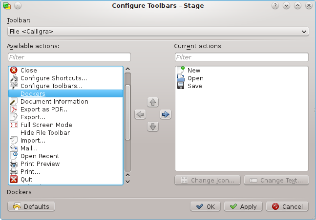 Configuración de las barras de herramientas de Calligra Stage