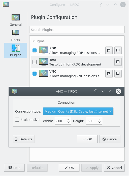 Preferencias de Remote Desktop Connection: pestaña perfiles de Opciones predeterminadas de VNC