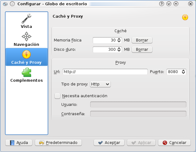 Diálogo de configuración del caché y proxy