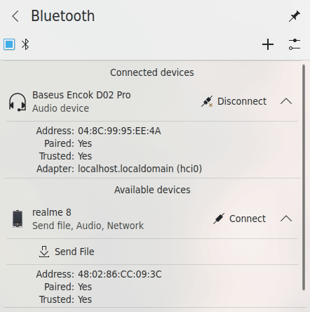 Pannello di controllo del Bluetooth nel vassoio